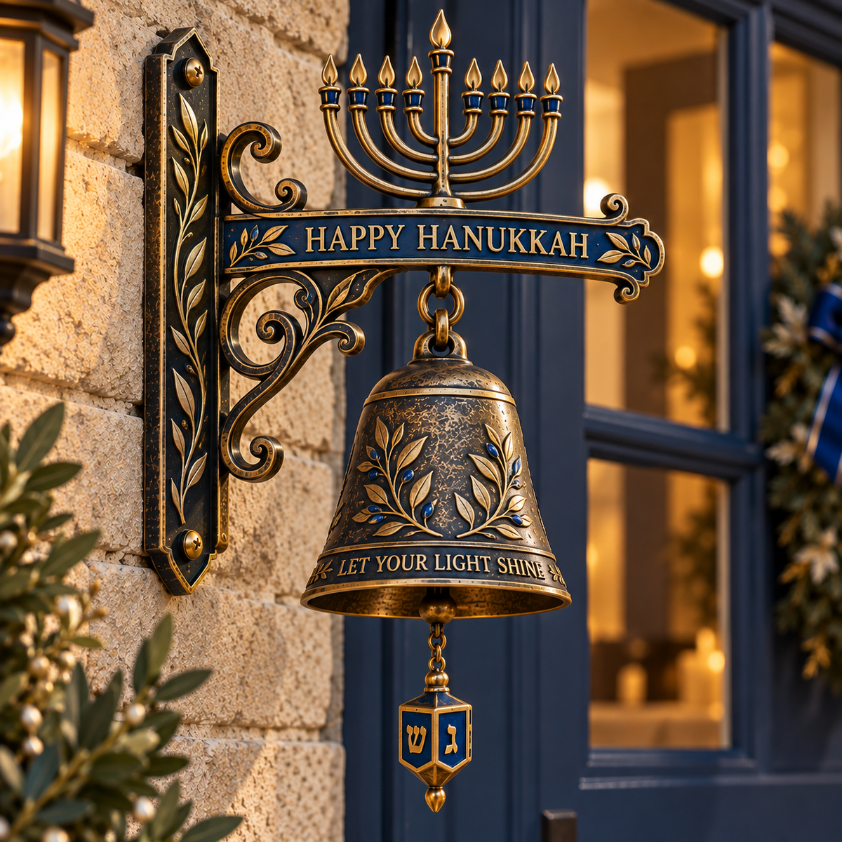 🕎🕎 Hanukkah Dreidel Pull Bell — Let Your Light Shine Antique Door Bell