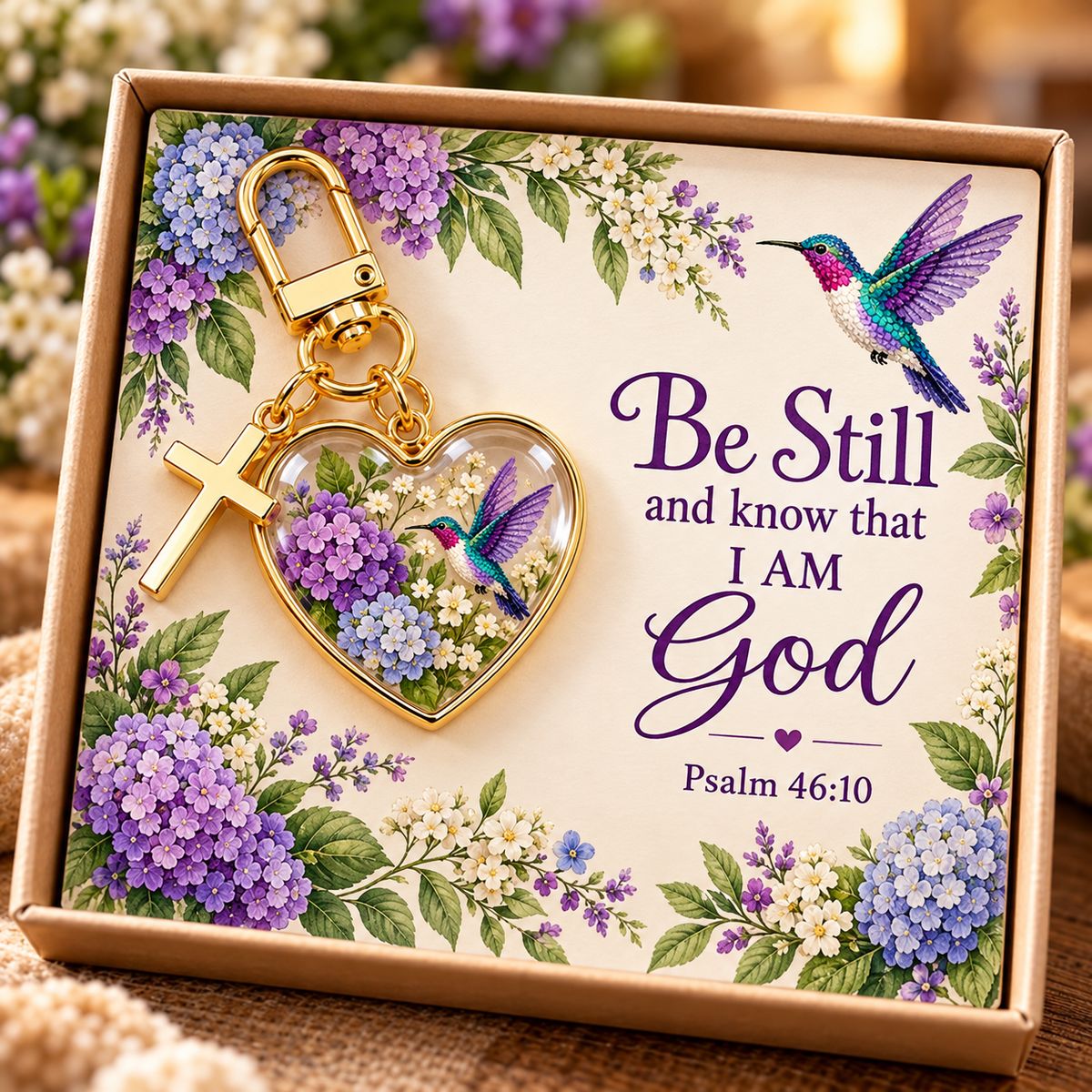 💜✝️ Be Still & Know That I Am God Hummingbird Faith Keychain — Psalm 46:10