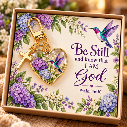 💜✝️ Be Still & Know That I Am God Hummingbird Faith Keychain — Psalm 46:10