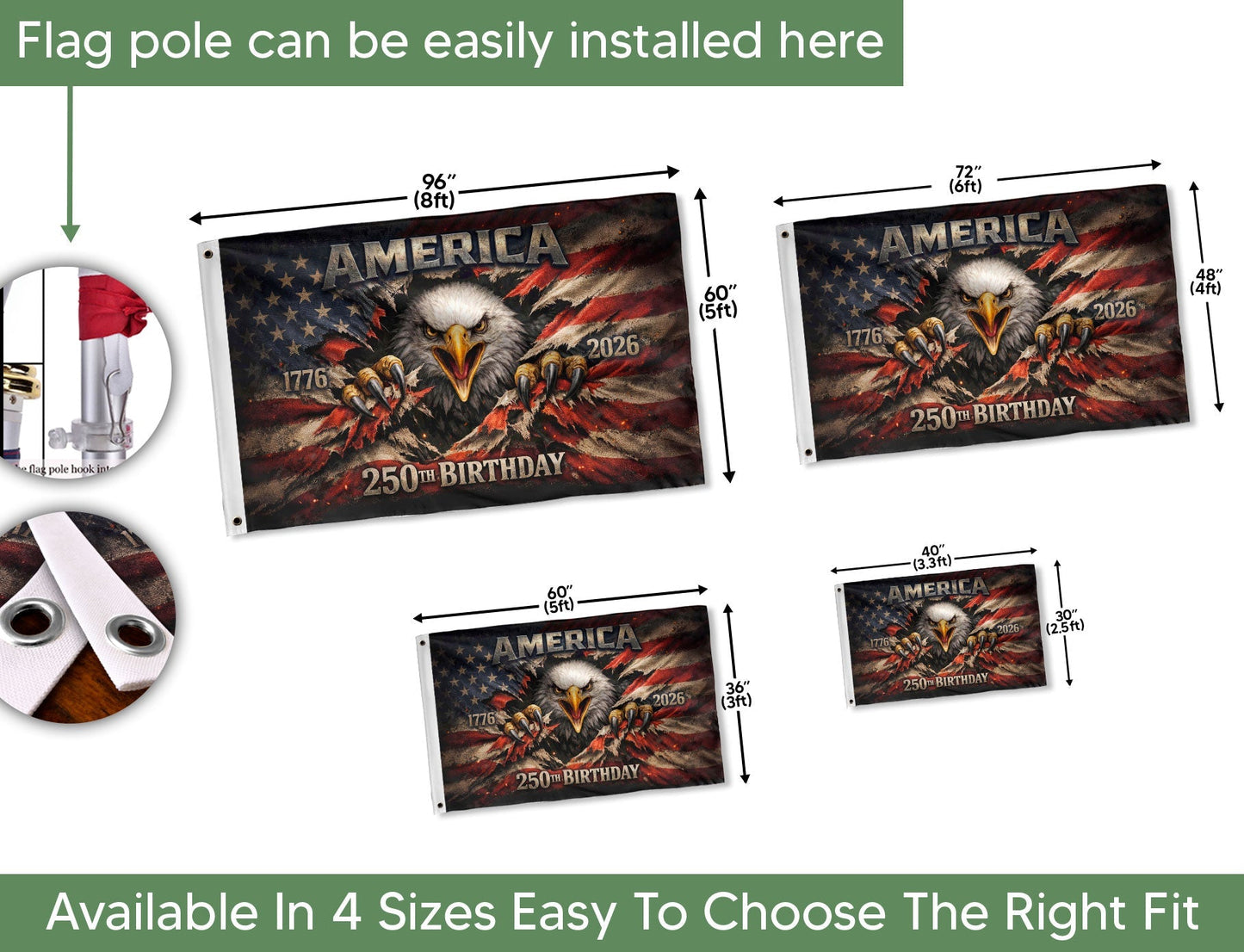 🦅🦅1776-2026 USA 250th Anniversary Flag – Patriotic Eagle Double Sided House Flag