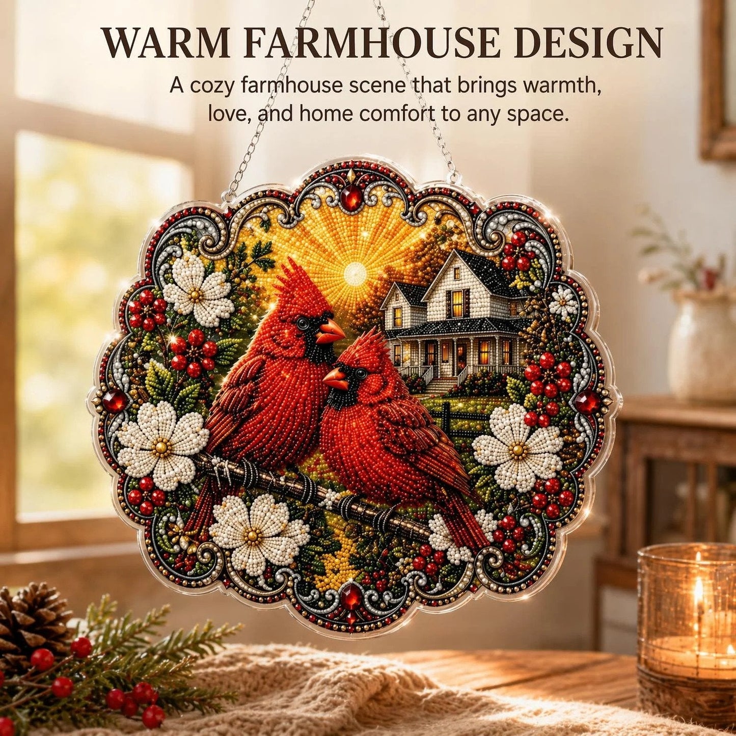 ✨🐦Beginner-Friendly-🐦Cardinals & Sunrise Diamond Art Hanging Ornament Kit