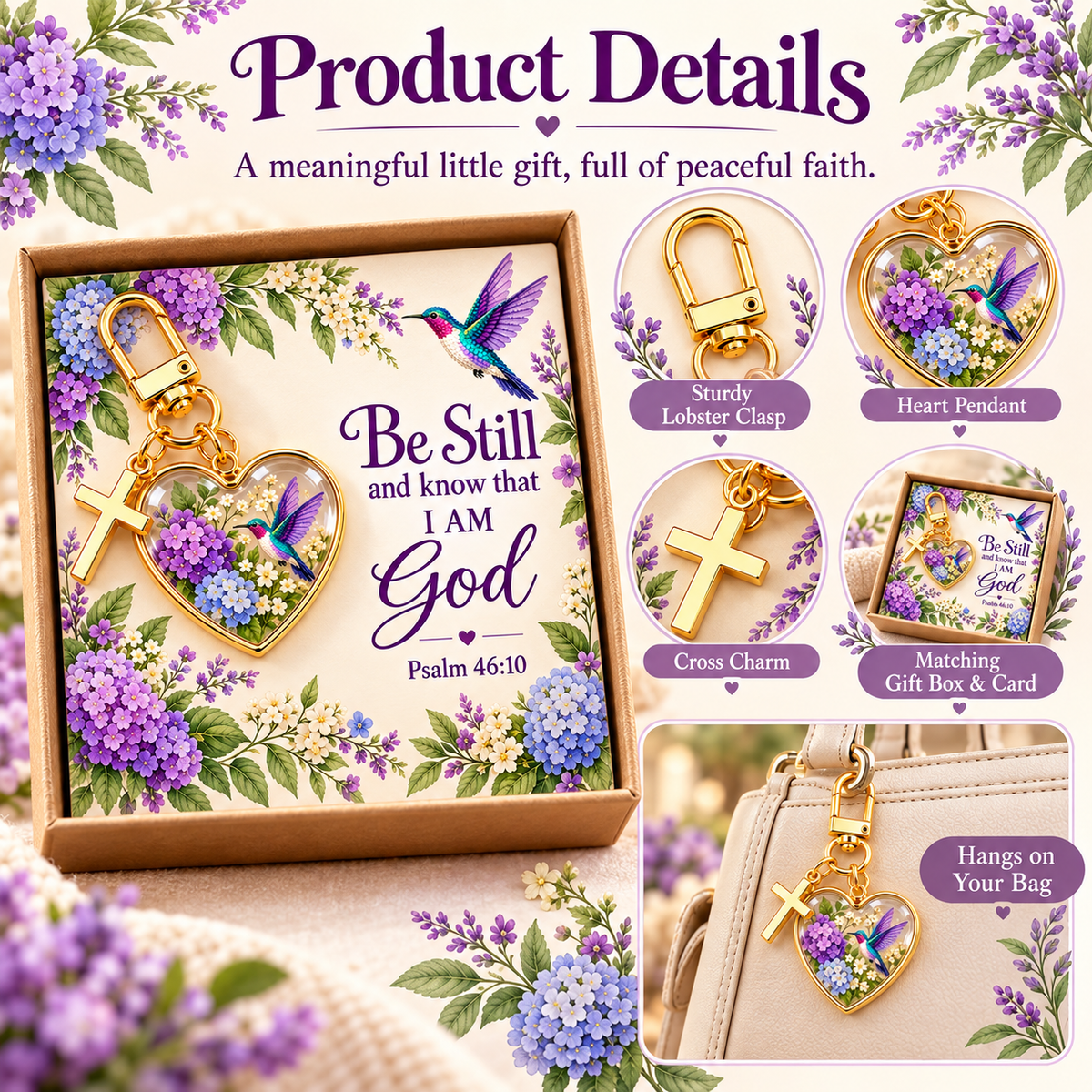💜✝️ Be Still & Know That I Am God Hummingbird Faith Keychain — Psalm 46:10