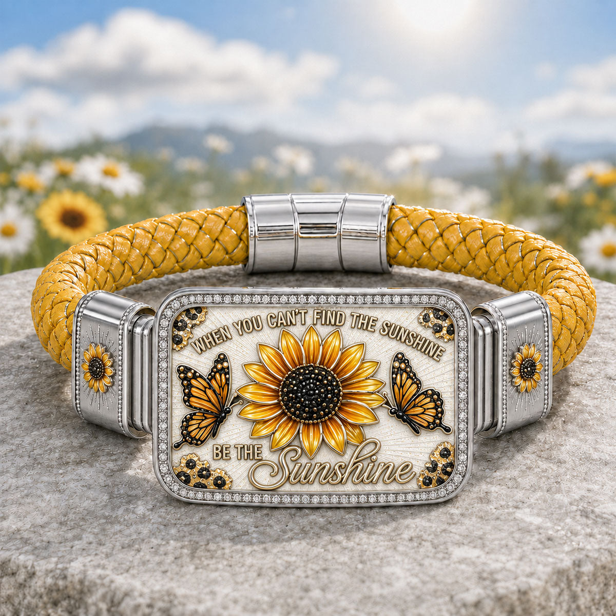 🌻Sunflower & Butterfly “Be the Sunshine” Inspirational Braided Bracelet – Yellow Floral Statement Jewelry