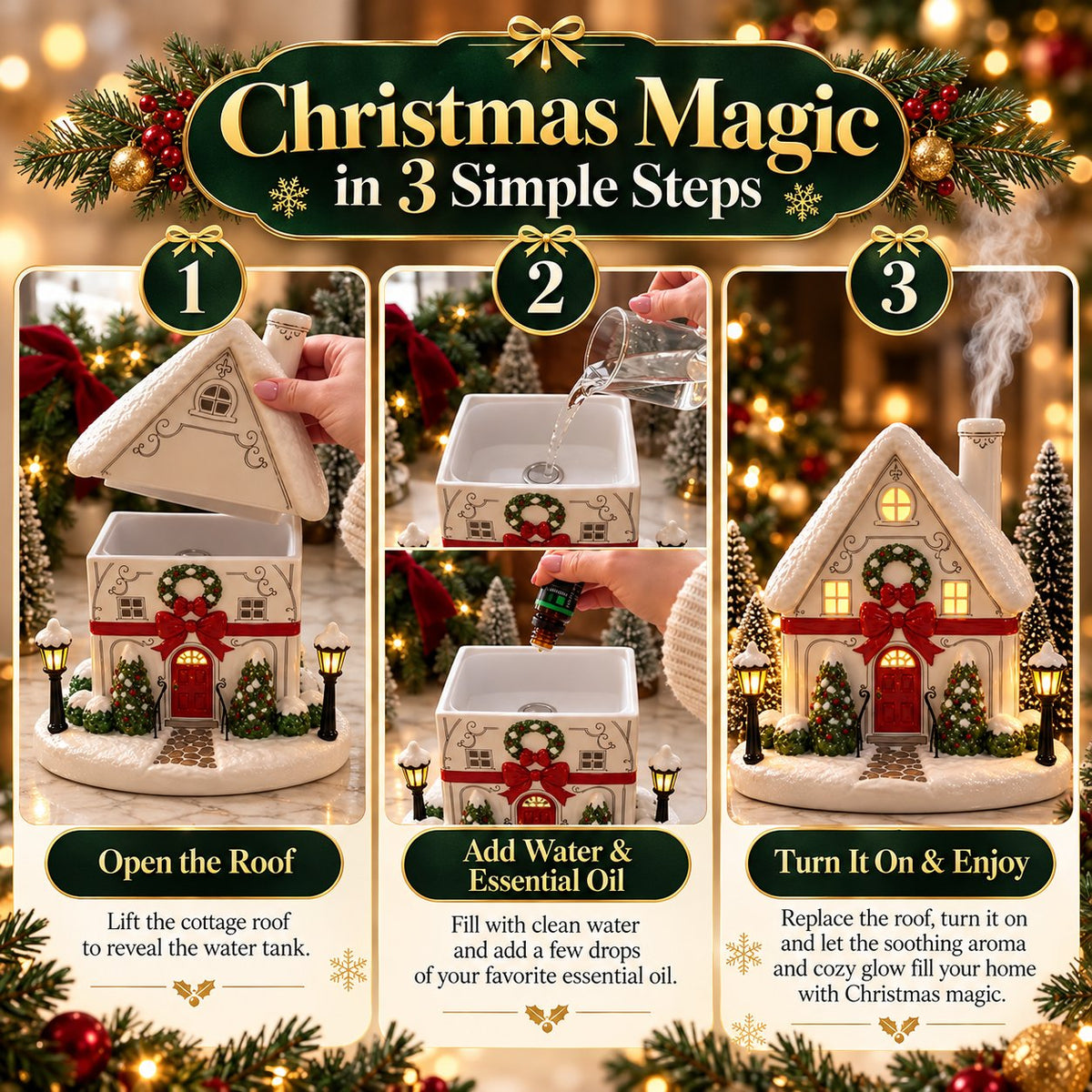 🏠 Christmas House Aroma Diffuser – Gentle Mist & Glowing Windows