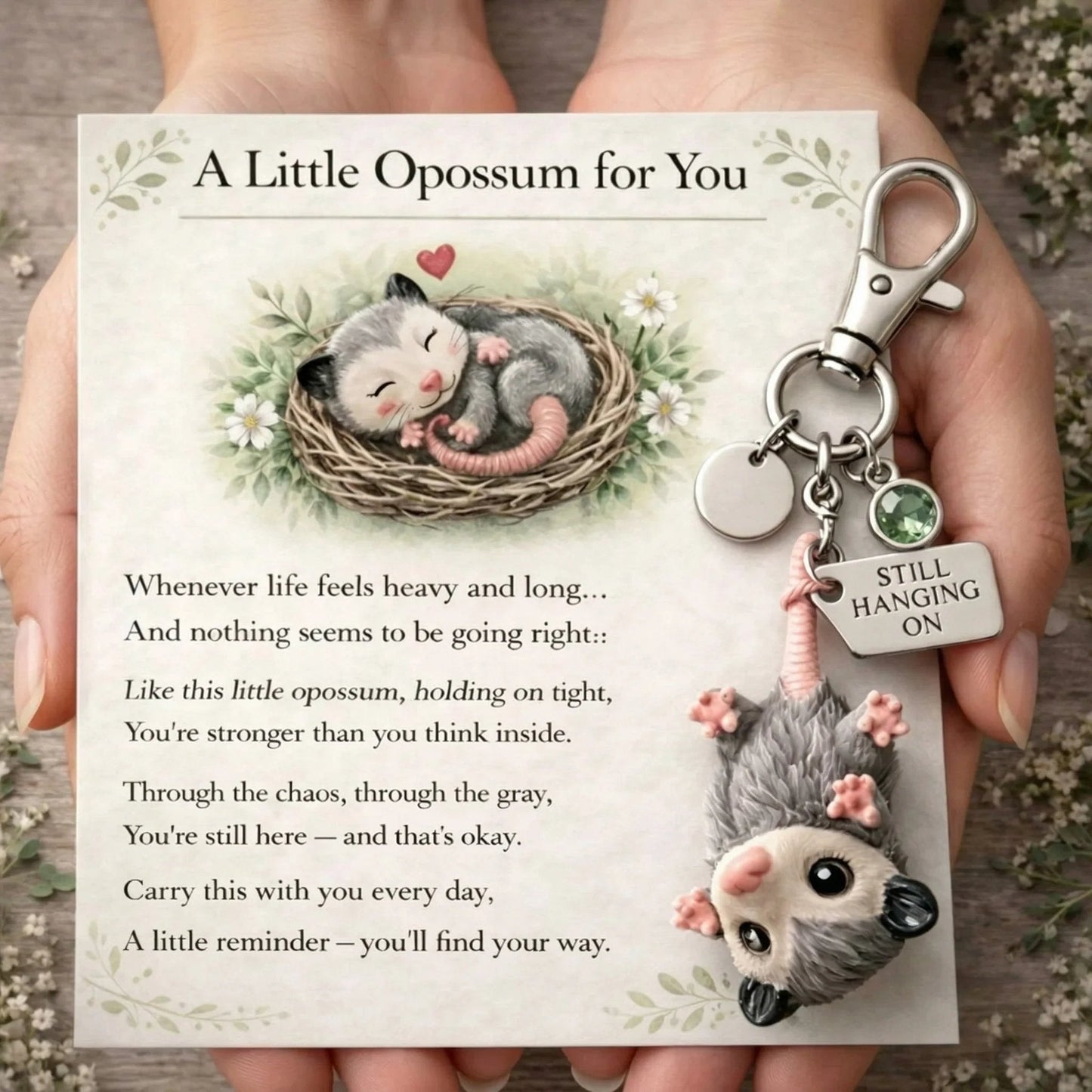 🐁🐁A Little Opossum for You - "Still Hanging On" Keychain & Sentiment Card Set