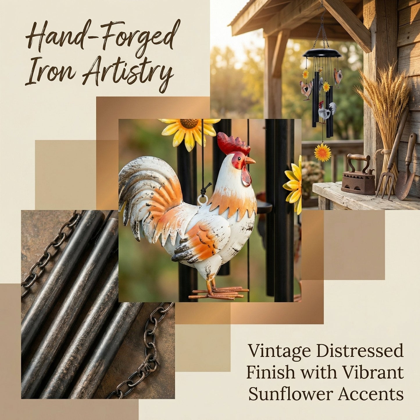 🌻🌻Vintage Metal Chicken Wind Chime with Sunflower🐔