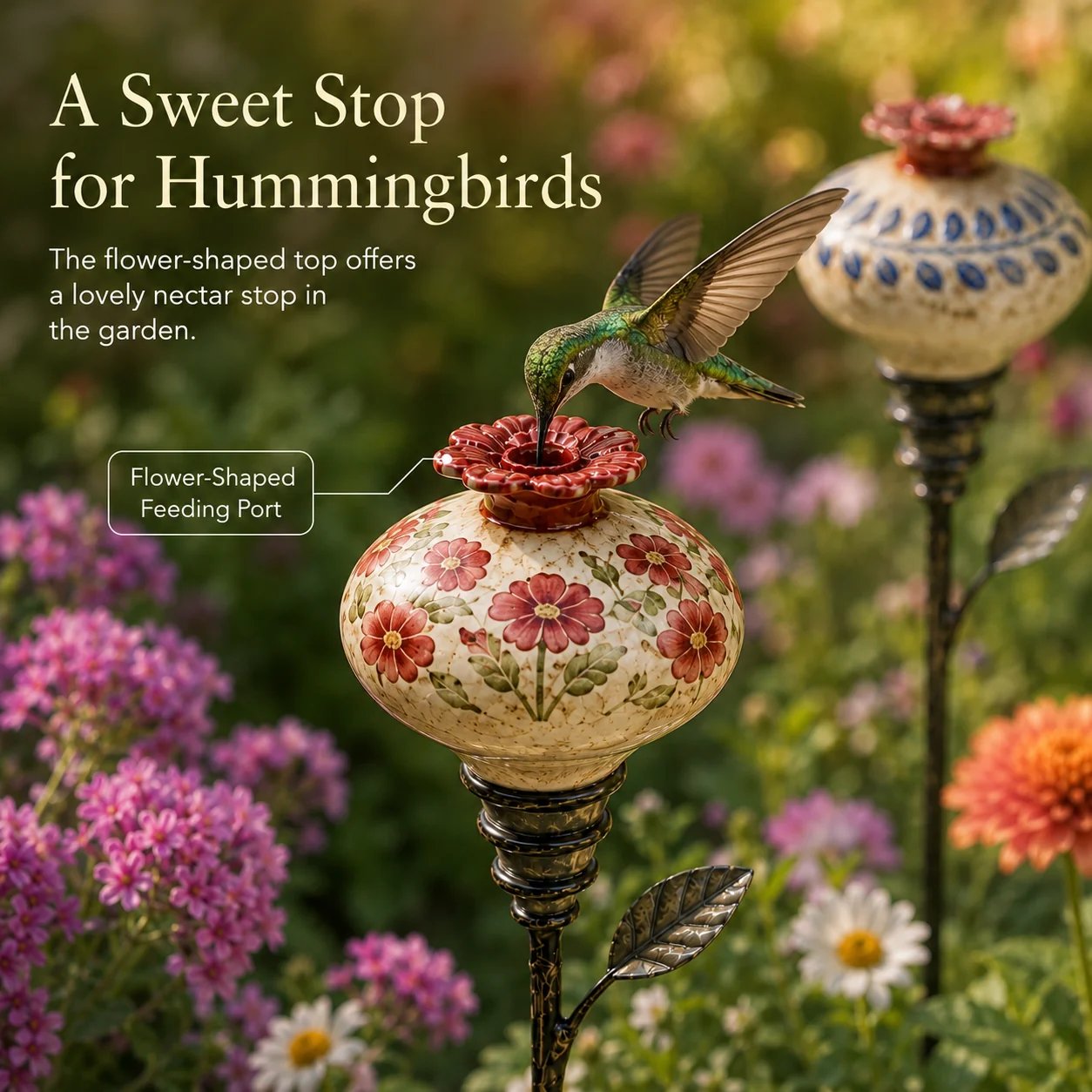 🎅 2026 Christmas Gift 50% Off--🌺 Vintage Ceramic Hummingbird Feeder Garden Stake — Handcrafted Floral Bird Feeder Decoration