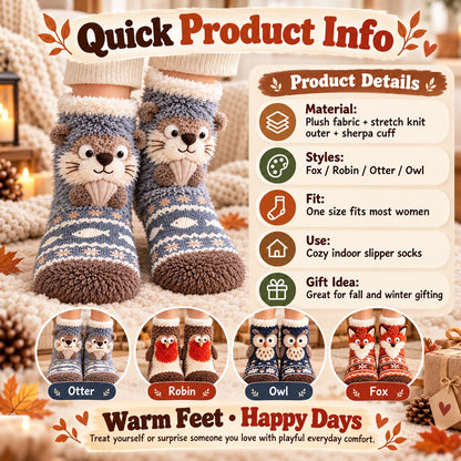 🦊🐦 Cozy 3D Animal Fuzzy Slipper Socks – Cute & Warm House Socks 🦦🦉