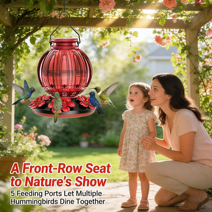 🌺 Vibrant Glass Hummingbird Feeder - 26oz Leakproof Bird Waterer with 5 Perch Stations  🐦