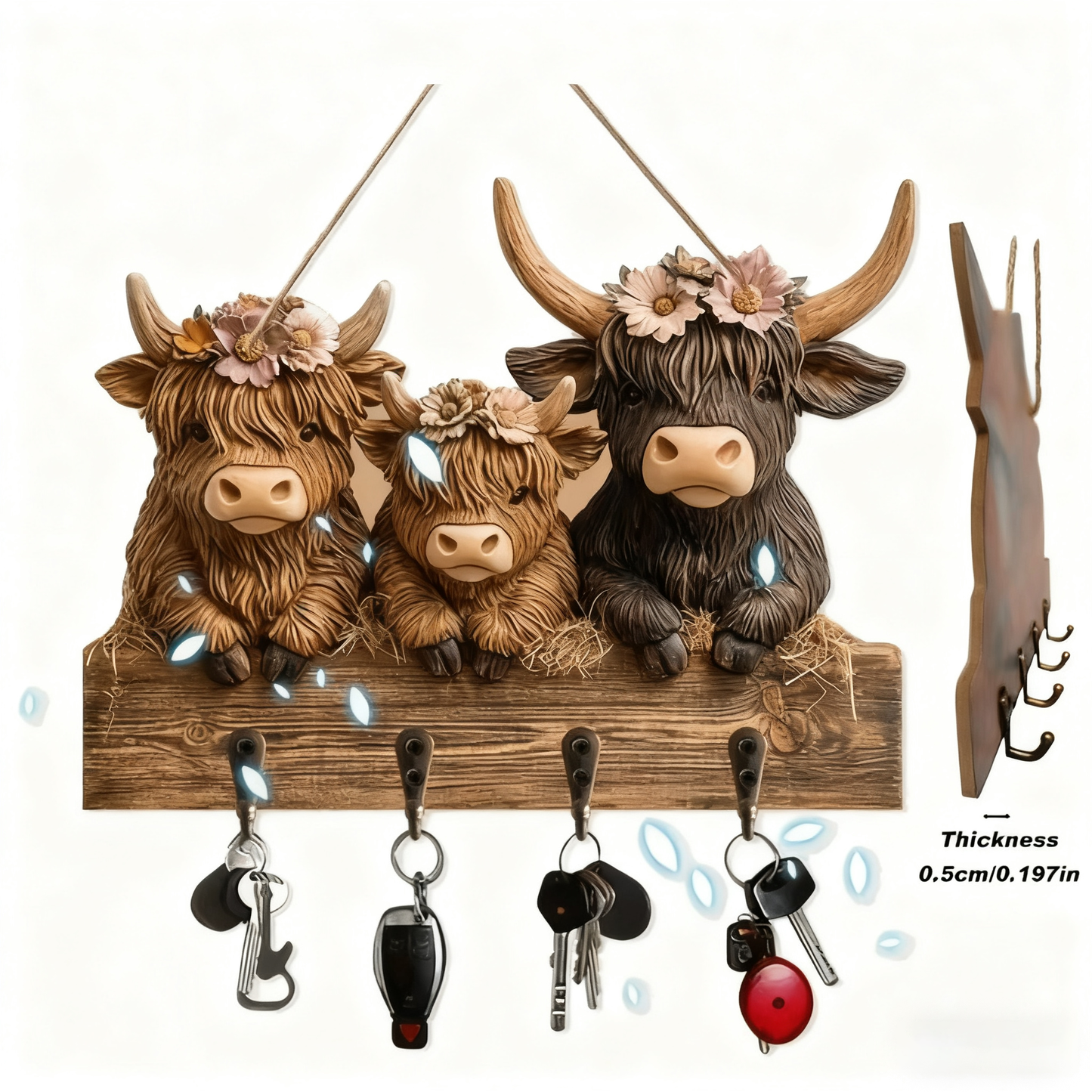 🐮 2D-Rustic Highland Cow Wooden Family Key Holder Hanging Ornament with 4 Hooks