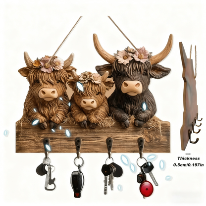 🐮 2D-Rustic Highland Cow Wooden Family Key Holder Hanging Ornament with 4 Hooks