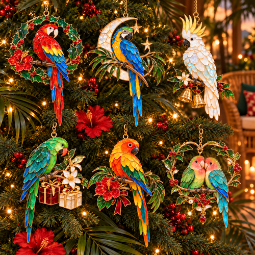 Tropical Parrot Christmas Ornaments – Vintage Stained Glass Style, Set of 6