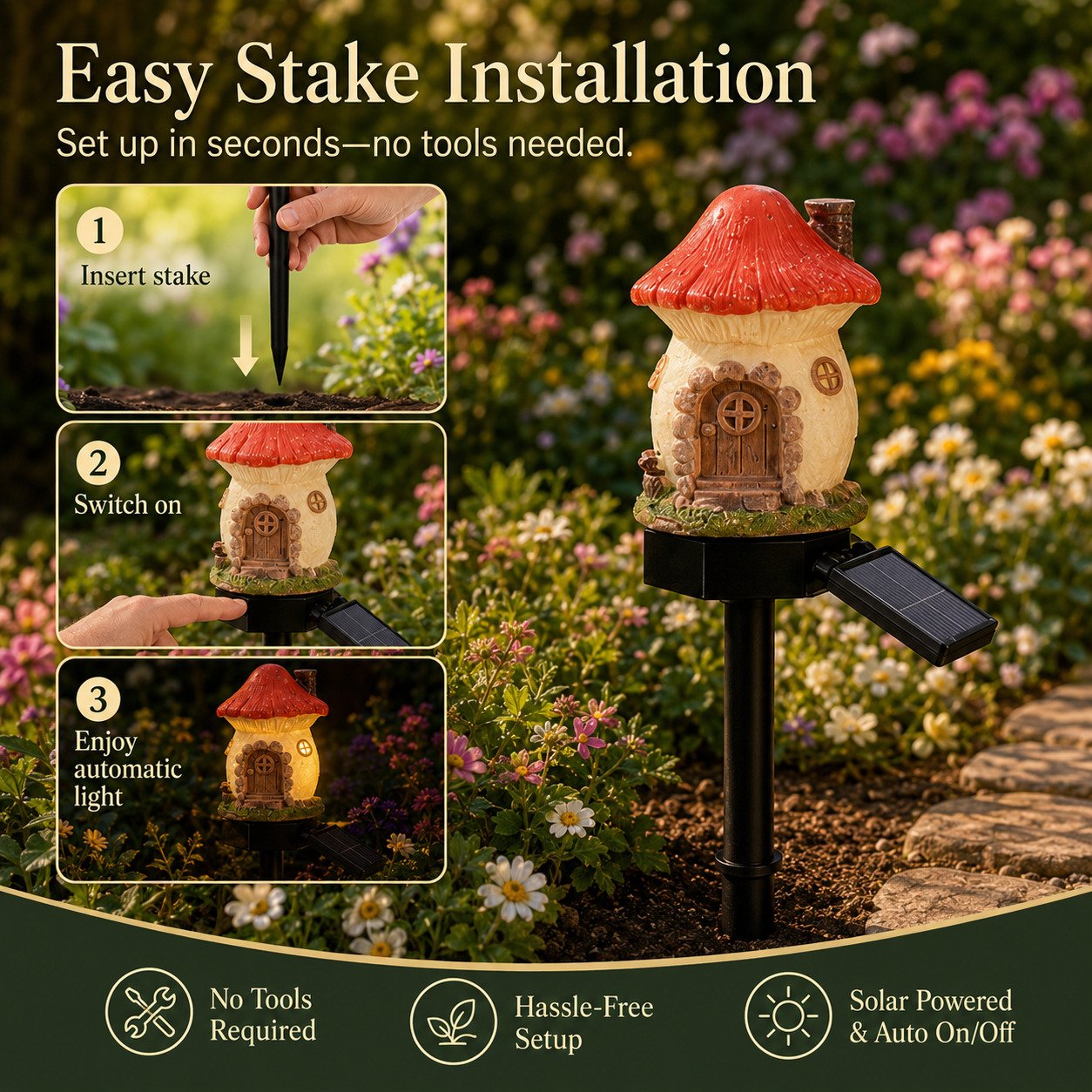 🍄🍄Solar Fairy-Tale Mushroom Cottage Garden Light
