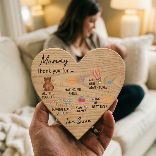Mummy Gifts From Baby Son Daughter; Personalised Wood Heart With Grey Bag