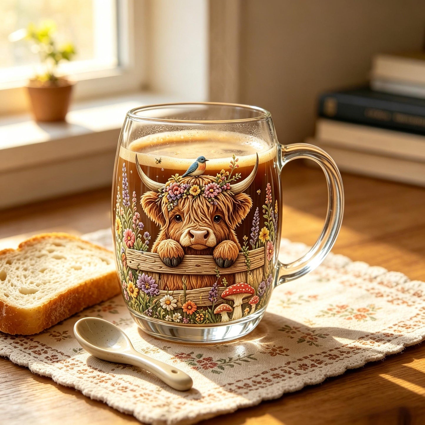 💐☕Hand-painted Highland Cow Glass