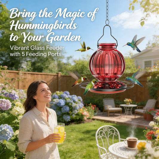 🌺 Vibrant Glass Hummingbird Feeder - 26oz Leakproof Bird Waterer with 5 Perch Stations  🐦