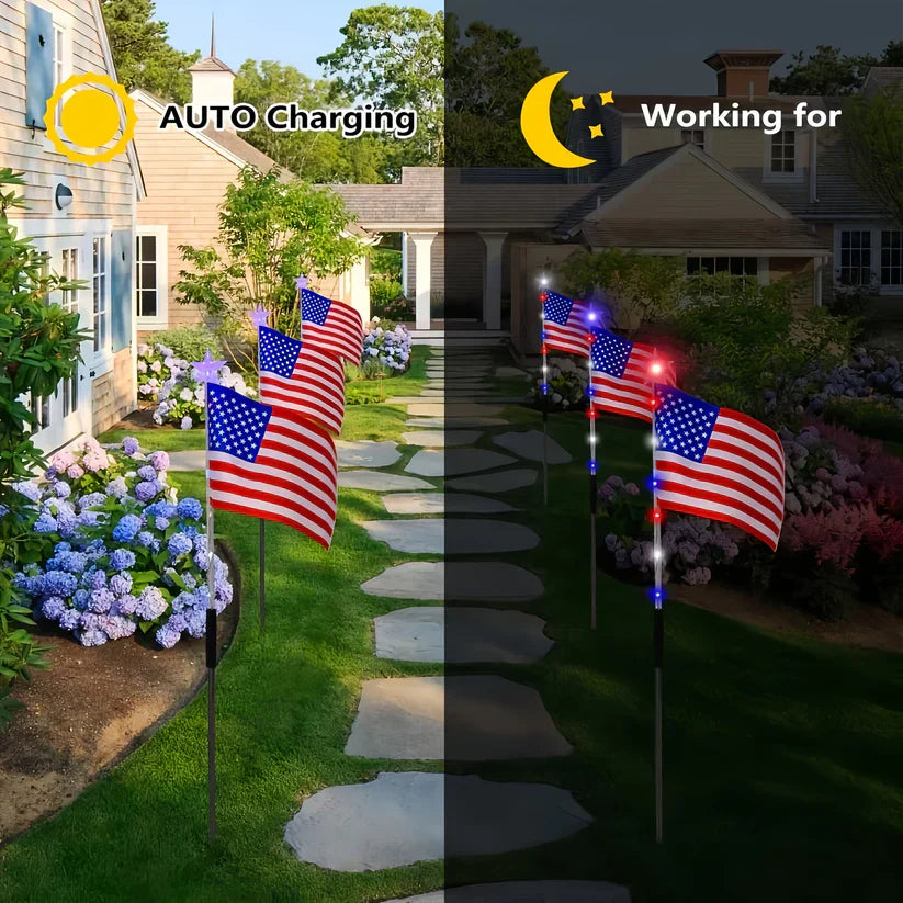 ☀️8-in-1 Solar American Flag Garden Stakes✨ IP65 Weatherproof & Auto-On Patriotic Decor