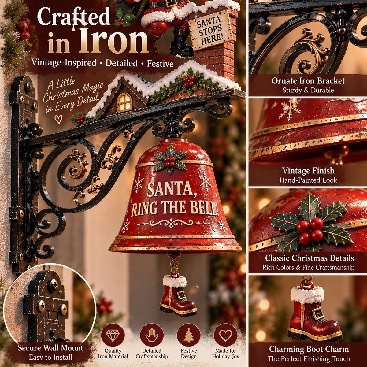 🎅 🎅2026 Christmas Gift 50% Off--🎅🎅 Santa, Ring the Bell! Iron Christmas Door Bell — Vintage Holiday Porch & Entryway Decor