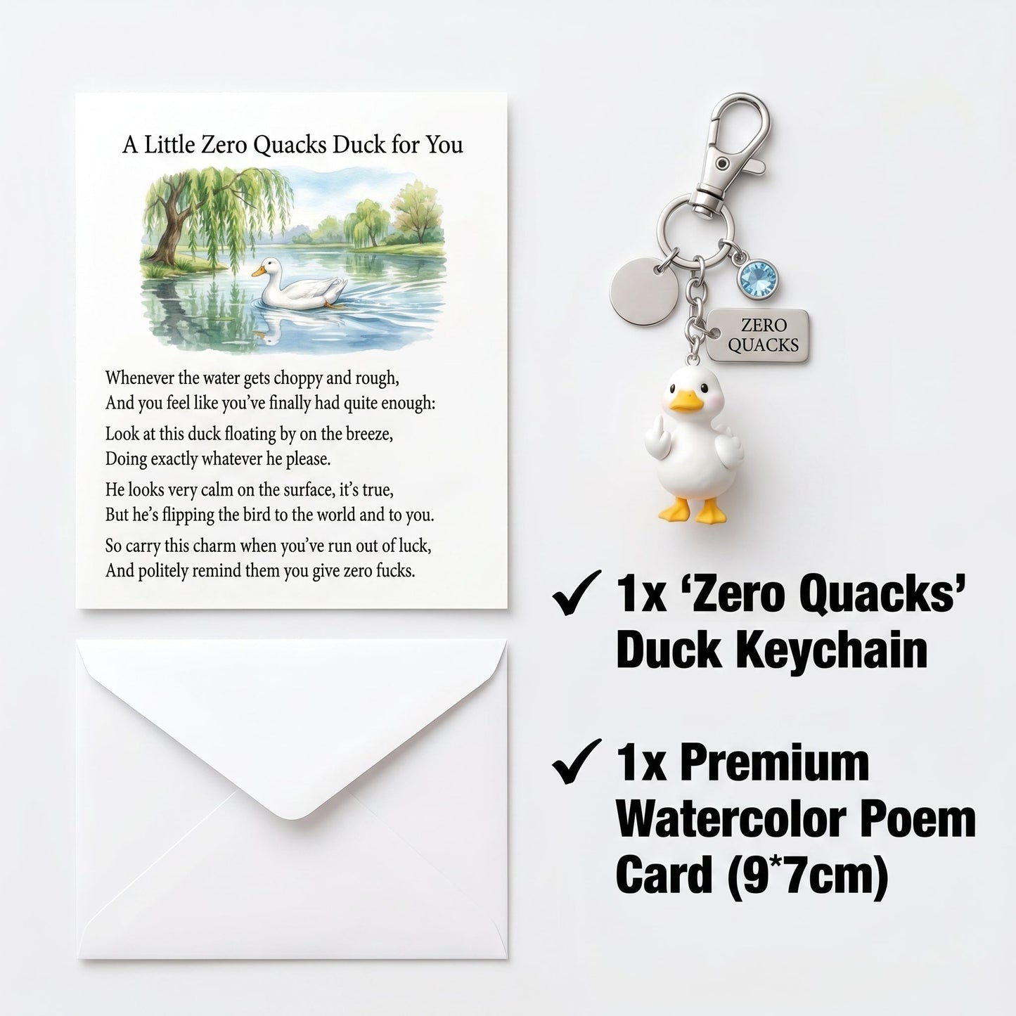 ✨"Zero Quacks Given" Middle Finger Duck Keychain & Poem Card Set - The Ultimate Cheeky Gift!